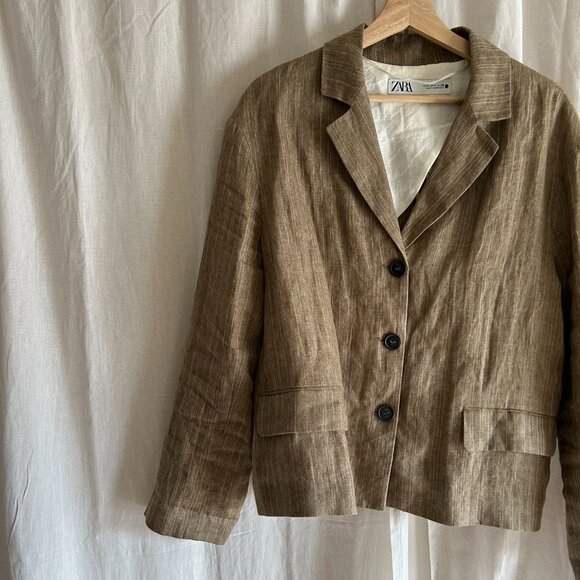 ZARA Linen Beige Striped Blazer Size M - Picture 9 of 11